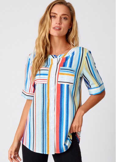 Modlily Rainbow Stripe Double Pocket Round Neck Blouse - M