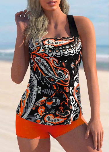 Modlily Paisley Print Criss Cross Back Wide Strap Tankini Set - L