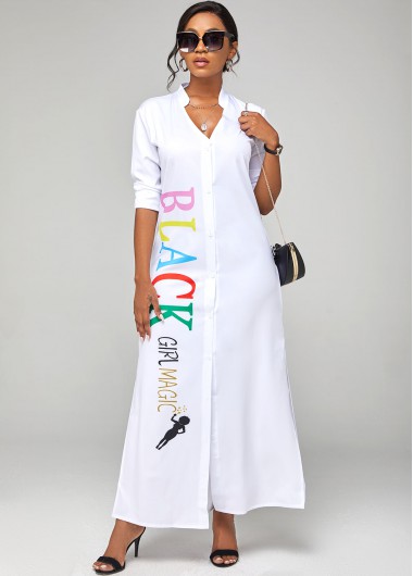 Modlily Letter Print Side Slit Long Sleeve Dress - M