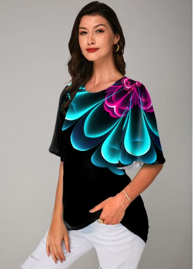 Modlily Colorful Printed Ruffle Sleeve Round Neck T Shirt - S