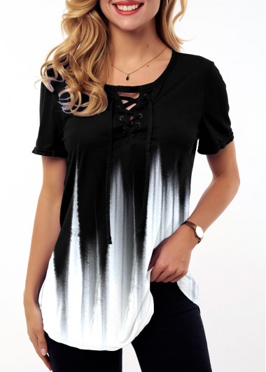 Modlily Ombre Lace Up Short Sleeve T Shirt - L