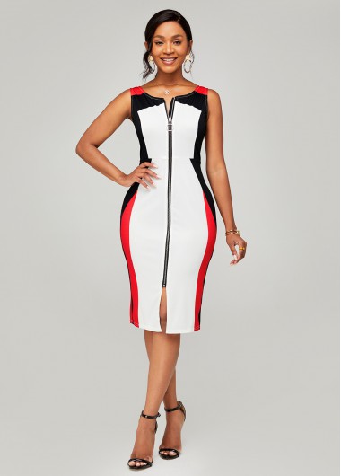 Modlily Sleeveless Zipper Closure Color Block Dress - M