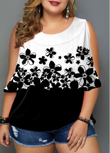 Modlily Plus Size Contrast Ombre Floral Print T Shirt - 3X