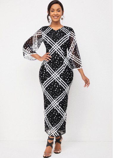 Modlily V Neck Striped and Polka Dot Flare Sleeve Dress - L