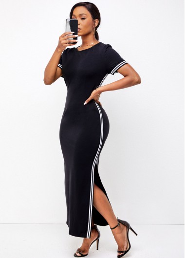 Modlily Double Slit Striped Round Neck Dress - M