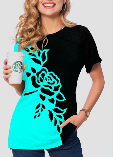 Modlily Short Sleeve Round Neck Contrast Floral Print T Shirt - XL