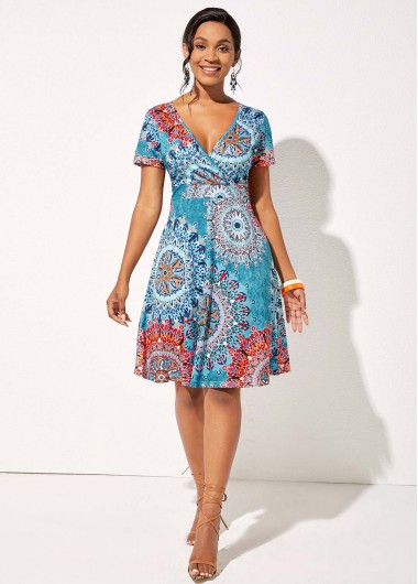 Modlily Tribal Print V Neck Short Sleeve Dress - L