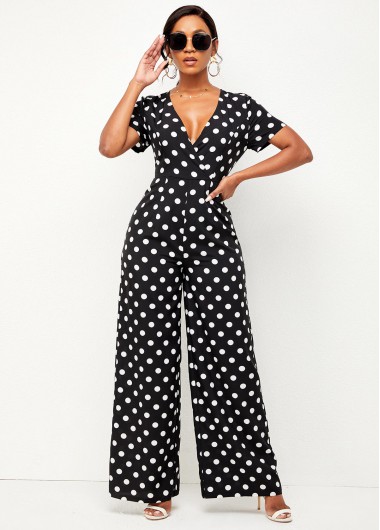 Modlily Polka Dot Deep V Neck Short Sleeve Jumpsuit - S