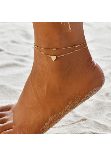 Modlily Layered Metal Detail Gold Heart Design Anklet - One Size