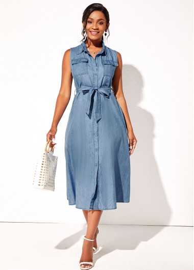 Modlily Demin Sleeveless Turndown Collar Button Up Dress - M