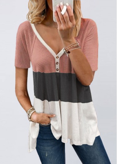 Modlily Contrast V Neck Short Sleeve T Shirt - XL