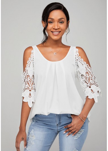 Modlily Lace Stitching Cold Shoulder Round Neck Blouse - XXL