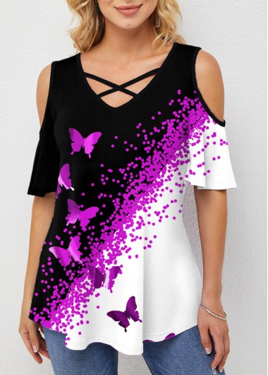 Modlily Butterfly Print Contrast Cold Shoulder T Shirt - XL