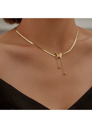 Modlily Butterfly Design Gold Snake Bone Chain Necklace - One Size