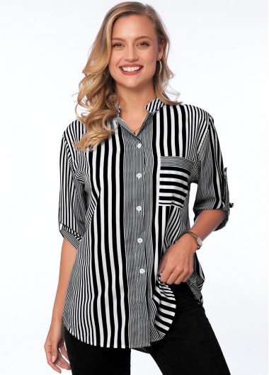 Modlily Pocket Striped Turndown Collar 3/4 Sleeve Blouse - 2XL