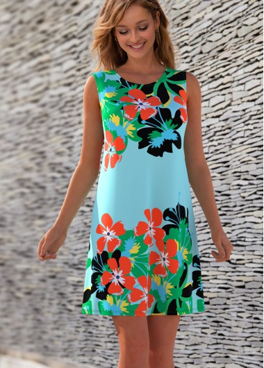 Modlily Sleeveless Round Neck Floral Print Dress - M