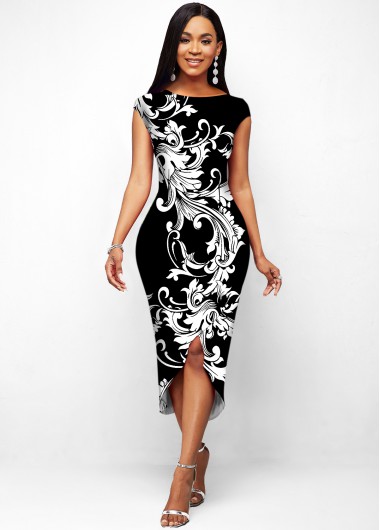 Modlily Round Neck Baroque Print Contrast Dress - XL