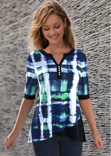 Modlily Decorative Button Tie Dye Print Split Neck Blouse - M