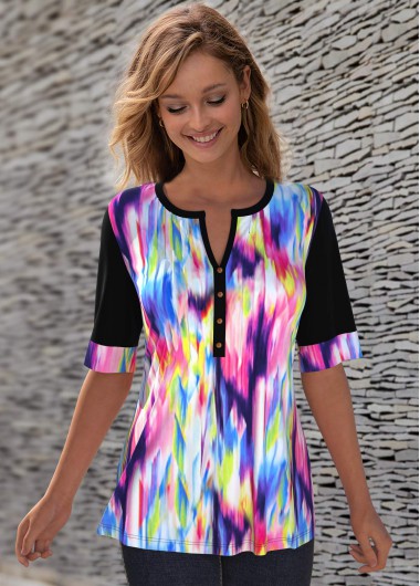 Modlily Decorative Button Tie Dye Split Neck Blouse - M