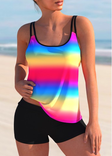 Modlily Rainbow Color Printed Double Straps Tankini Set - S