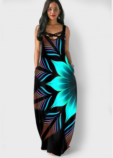 Modlily Floral Print Double Pocket Wide Strap Cross Strap Dress - L