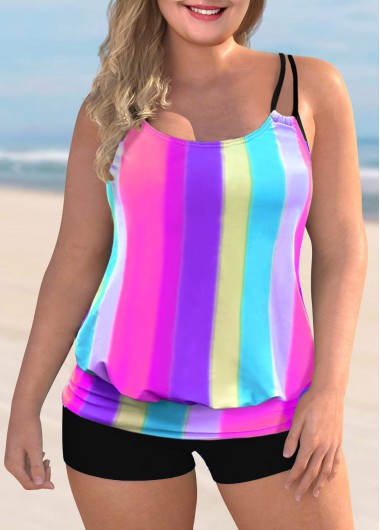Modlily Rainbow Stripe Spaghetti Strap Plus Size Tankini Set - 1X