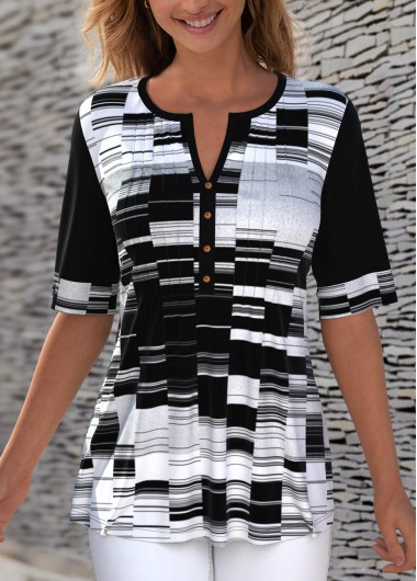 Modlily Split Neck Geometric Print Contrast T Shirt - XL