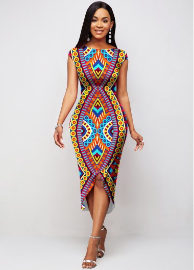 Modlily Tribal Print Round Neck Short Sleeve Dress - L