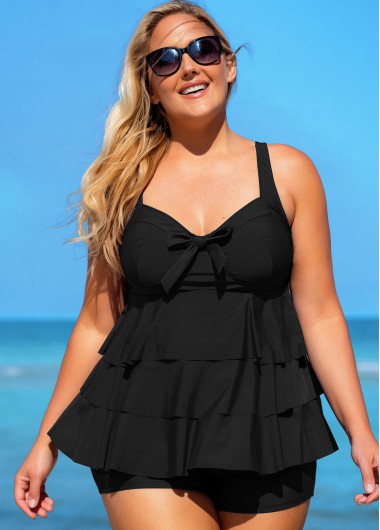 Modlily Bowknot Plus Size Solid Layered Hem Swimdress and Shorts - 3X
