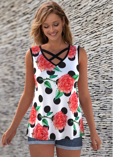 Modlily Polka Dot Cross Strap V Neck Tank Top - M