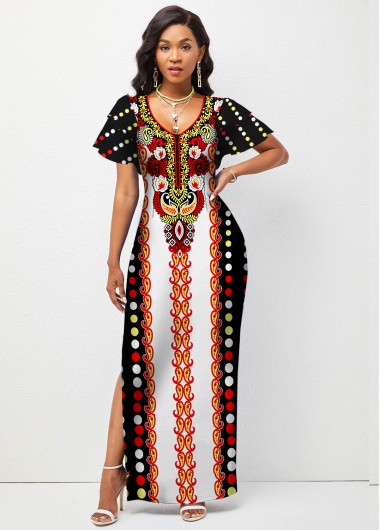 Modlily Ruffle Sleeve Tribal Print Side Slit Dress - XL