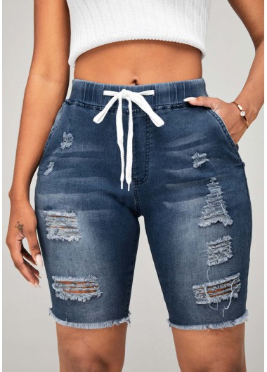 Modlily Tie Front Shredded Pocket High Waisted Pants - L