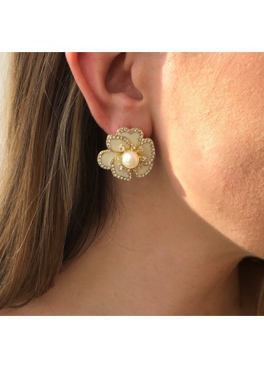 Modlily Flower Design Pearl Detail Rhinestone Earring Set - One Size