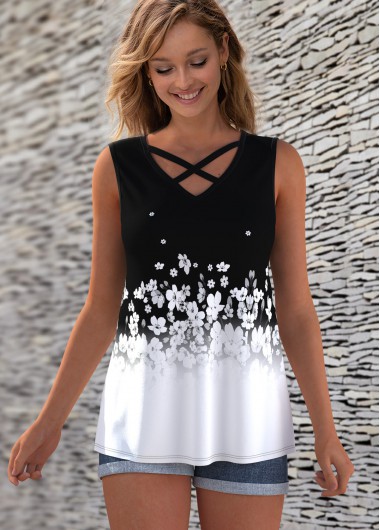 Modlily Ombre Floral Print Cross Strap Tank Top - M