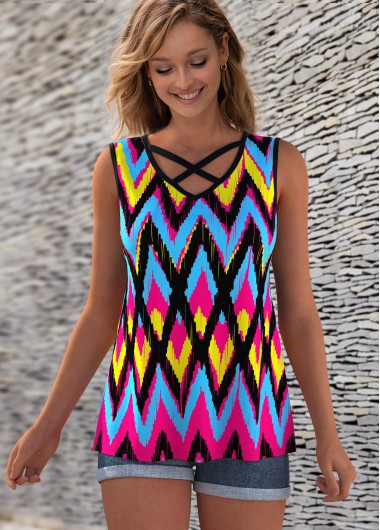 Modlily Colorful Geometric Print Cross Strap Tank Top - M