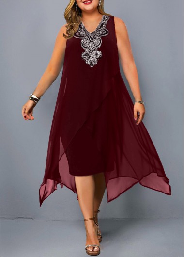 Modlily Embellished Neck Sleeveless Asymmetric Hem Plus Size Dress - 2X
