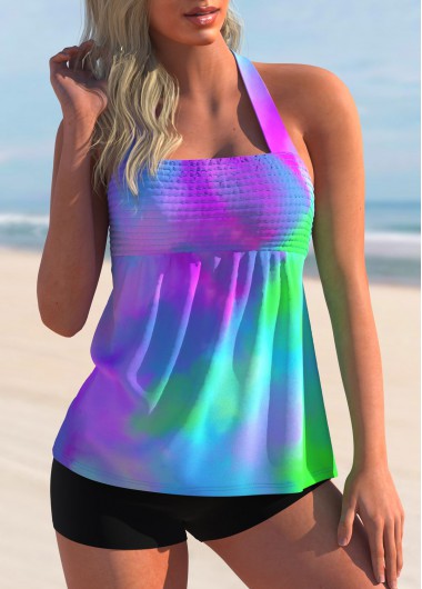 Modlily Tie Dye Halter Smocked Tankini Set - XL