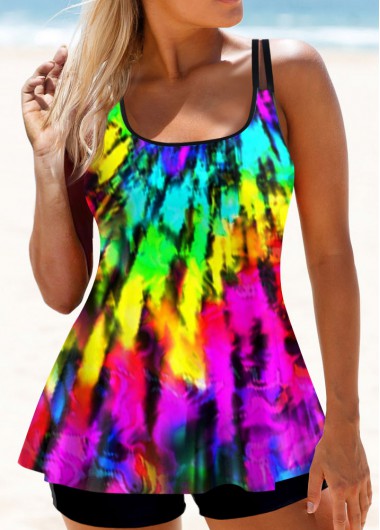 Modlily Printed Multi Color Spaghetti Strap Tankini Set - XL