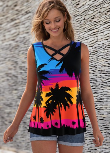 Modlily Scape Print Cross Strap V Neck Tank Top - M