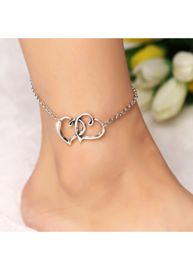 Modlily Silver Metal Detail Double Heart Design Anklet - One Size