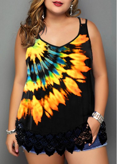 Modlily Plus Size Tie Dye Print Lace Stitching Camisole Top - 1X