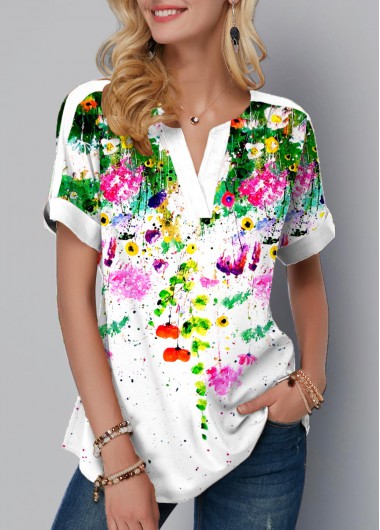 Modlily Split Neck Ombre Floral Print Blouse - S