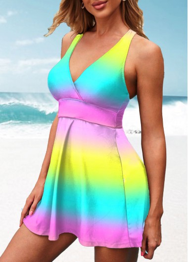 Modlily Colorful Ombre Wide Strap Swimdress and Panty - XXL