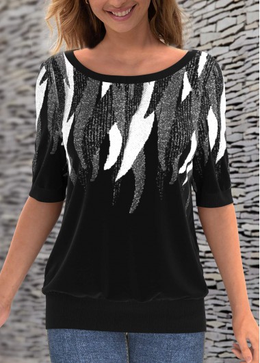 Modlily 3/4 Sleeve Round Neck Geometric Print T Shirt - L