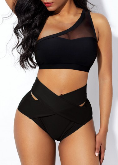 Modlily Mesh Stitching High Waist Solid Bikini Set - XL