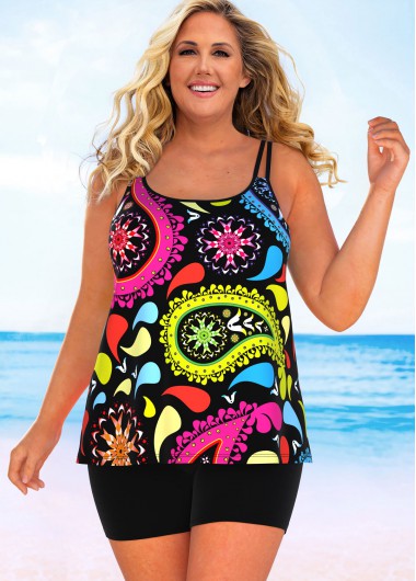 Modlily Plus Size Paisley Print Double Straps Tankini Set - 1X