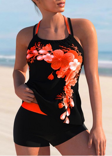 Modlily Floral Print Criss Cross Back Tie Back Tankini Set - L