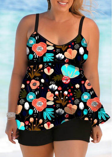 Modlily Plus Size Wide Strap Floral Print Swimdress and Shorts - 3X