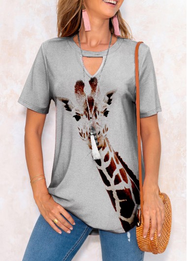Modlily Animal Prints Keyhole Neckline Short Sleeve T Shirt - XL