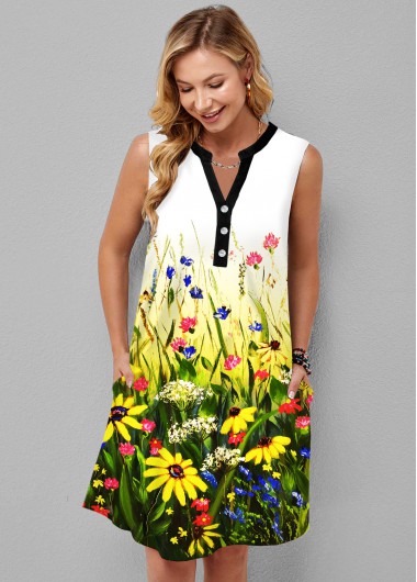 Modlily Split Neck Button Detail Daisy Print Dress - M